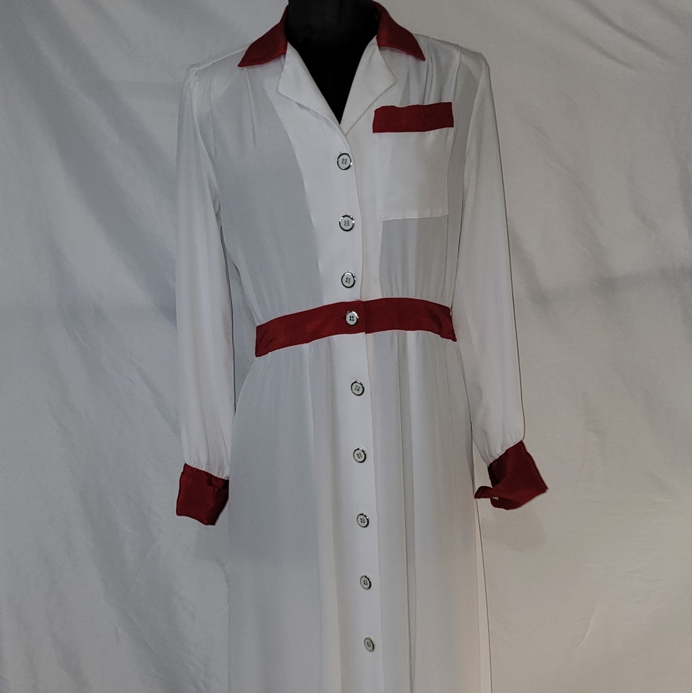 White and Red Long Sleeve Buttoned Shirt Dress